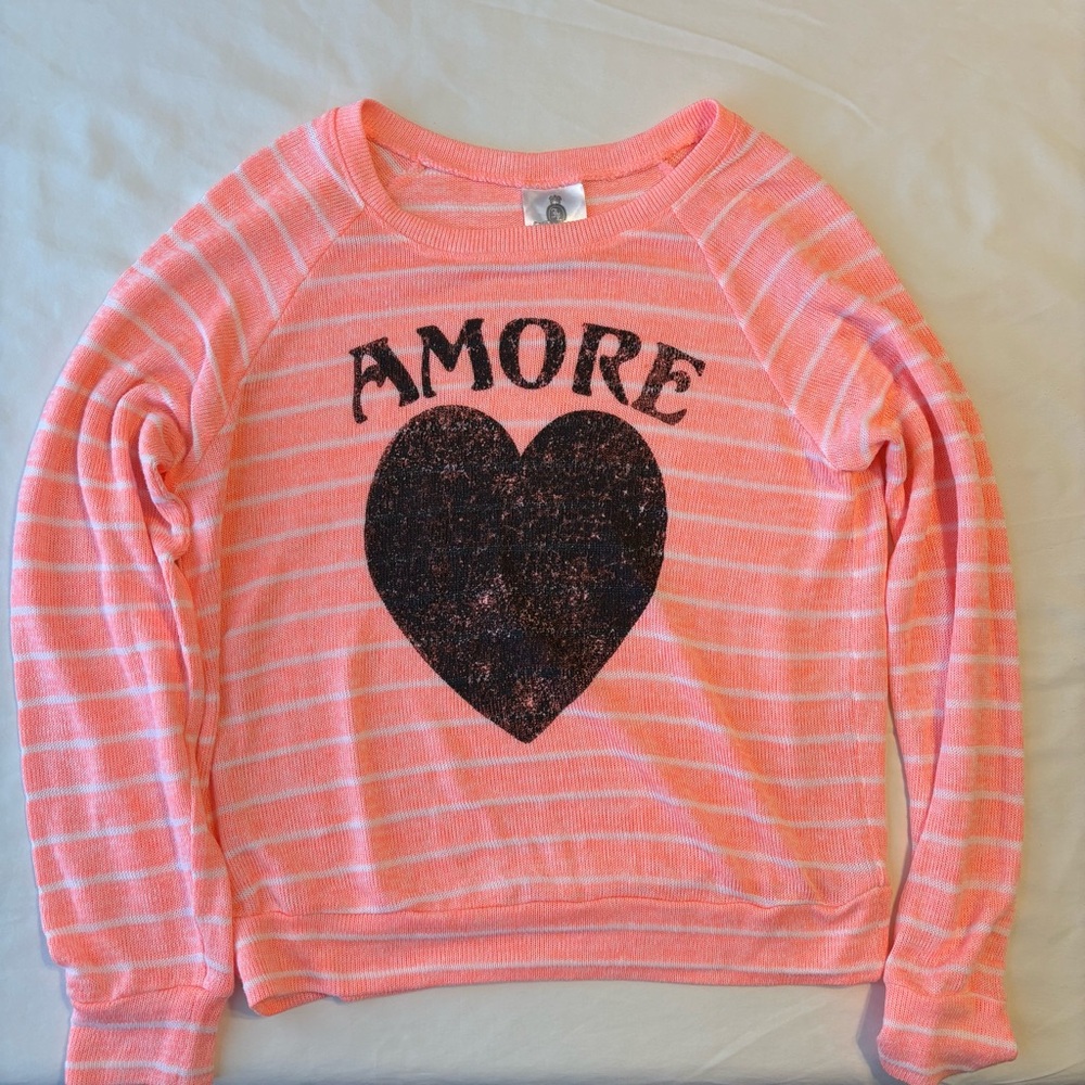 Striped Coral and White Thermal Style Pullover with Distressed Black Heart-Amore